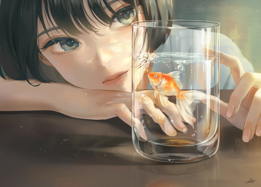 1girl absurdres air_bubble artist_name bob_cut brown_hair bubble choppy_bangs close-up closed_mouth commentary dappled_sunlight english_commentary expressionless fingernails fish glass goldfish grey_eyes head_on_hand highres looking_at_animal original profile red_lips reflective_table short_hair signature solo sunlight table toti_(lanaq) traditional_media water