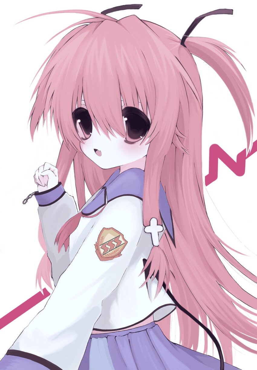 1girl angel_beats! demon_tail fang from_side hair_between_eyes hand_up highres long_hair long_sleeves looking_at_viewer neckerchief open_mouth pink_eyes pink_hair pink_neckerchief purple_sailor_collar purple_skirt sailor_collar school_uniform shirt simple_background skin_fang skirt smile solo standing strong_neco tail two_side_up upper_body white_background white_shirt yui_(angel_beats!)