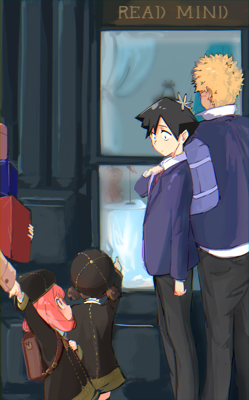2boys 3girls absurdres anya_(spy_x_family) backpack bag becky_blackbell beret black_dress black_hair black_hat blonde_hair blue_jacket box child commentary_request crossover dress eden_academy_school_uniform flower hair_flower hair_ornament hat higemu highres holding holding_bag holding_box holding_hands itan_private_high_school_uniform jacket katai_makoto komi-san_wa_komyushou_desu multiple_boys multiple_girls pointing randoseru school_bag school_uniform short_twintails spy_x_family tadano_hitohito twintails window yor_briar
