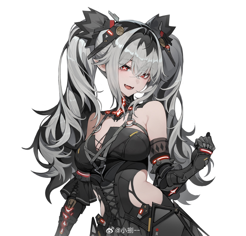 1girl black_hair breasts chinese_commentary gauntlets grey_hair hachisan highres hip_vent jetavie_(pgr) large_breasts multiple_views open_mouth punishing:_gray_raven red_eyes solo symbol-shaped_pupils teeth twintails upper_body watermark weibo_username weibo_watermark x-shaped_pupils