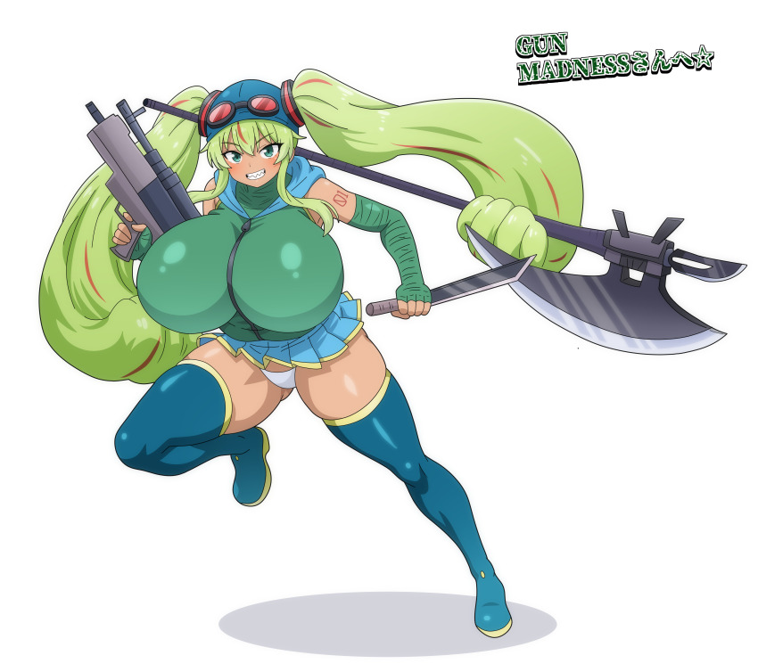 1girl absurdres asymmetrical_dual_wielding bandages bandana blue_bandana blue_boots blue_skirt boots breasts bullpup dual_wielding english_text female_focus full_body goggles goggles_on_head green_eyes green_hair green_shirt grin gun hank_miku hatsune_miku highres hitokiwa_kenchin holding holding_gun holding_knife holding_polearm holding_weapon huge_breasts impossible_clothes impossible_shirt knife long_hair looking_at_viewer madness_combat microskirt multicolored_hair newgrounds number_tattoo panties polearm prehensile_hair red_goggles rifle running sharp_teeth shirt short_sword simple_background skirt sleeveless smile solo streaked_hair tantou tattoo teeth thigh_boots thong twintails underwear very_long_hair vocaloid weapon white_background white_panties