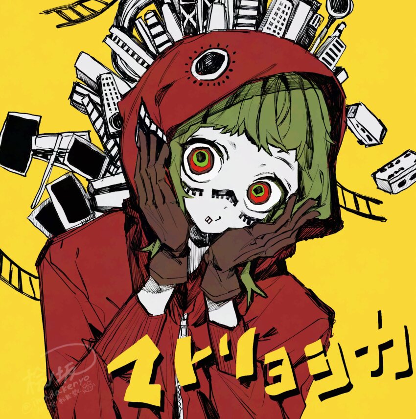 1girl brown_gloves closed_mouth facial_mark gloves green_hair gumi hands_on_own_cheeks hands_on_own_face highres hinoki_(yesfish1117) hood hood_up hooded_jacket jacket long_sleeves looking_at_viewer matryoshka_(vocaloid) red_jacket signature simple_background solo song_name upper_body vocaloid yellow_background zipper_pull_tab