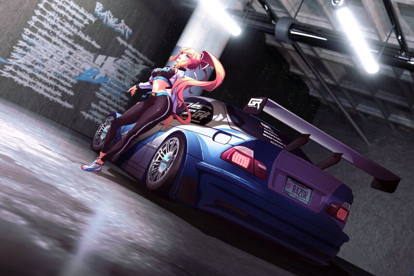 1girl belt black_pants bmw bmw_3_series bmw_e46 bow car crop_top funkygarage garage graffiti hair_bow highres indoors midriff motor_vehicle navel need_for_speed need_for_speed:_most_wanted_(2005) original overhead_lights pants ponytail shoes sidelocks sneakers spoiler_(automobile) vehicle_focus white_sneakers yoga_pants