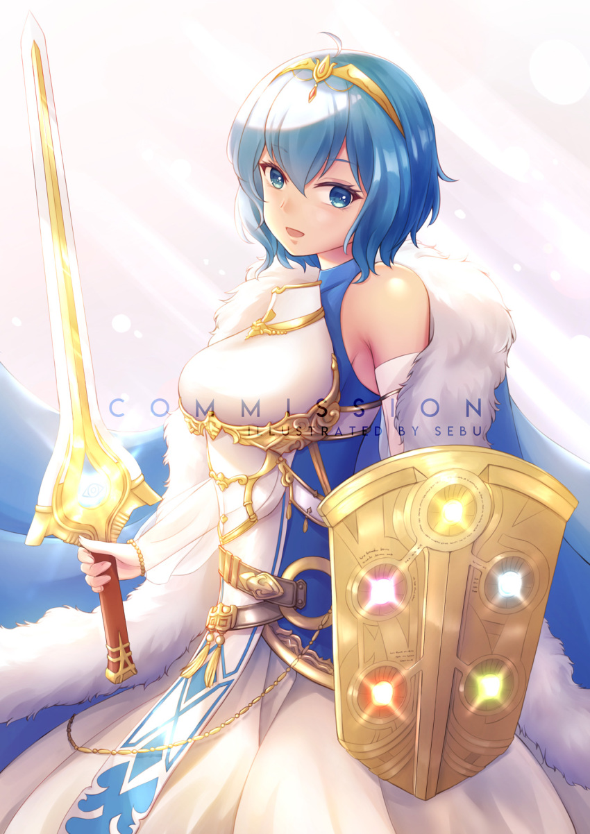 1girl armor armored_dress artist_name bare_shoulders binding_shield blue_eyes blue_hair breastplate breasts cape commentary commission cosplay cowboy_shot detached_sleeves dress english_commentary falchion_(fire_emblem) female_morgan_(fire_emblem) fire_emblem fire_emblem_awakening fire_emblem_cipher fur-trimmed_cape fur_trim gold_tiara highres holding holding_shield holding_sword holding_weapon looking_at_viewer lucina_(fire_emblem) lucina_(fire_emblem)_(cosplay) lucina_(hope-ruling_queen)_(fire_emblem) medium_breasts nintendo open_mouth sebu_illust shield short_hair solo sword tiara watermark weapon