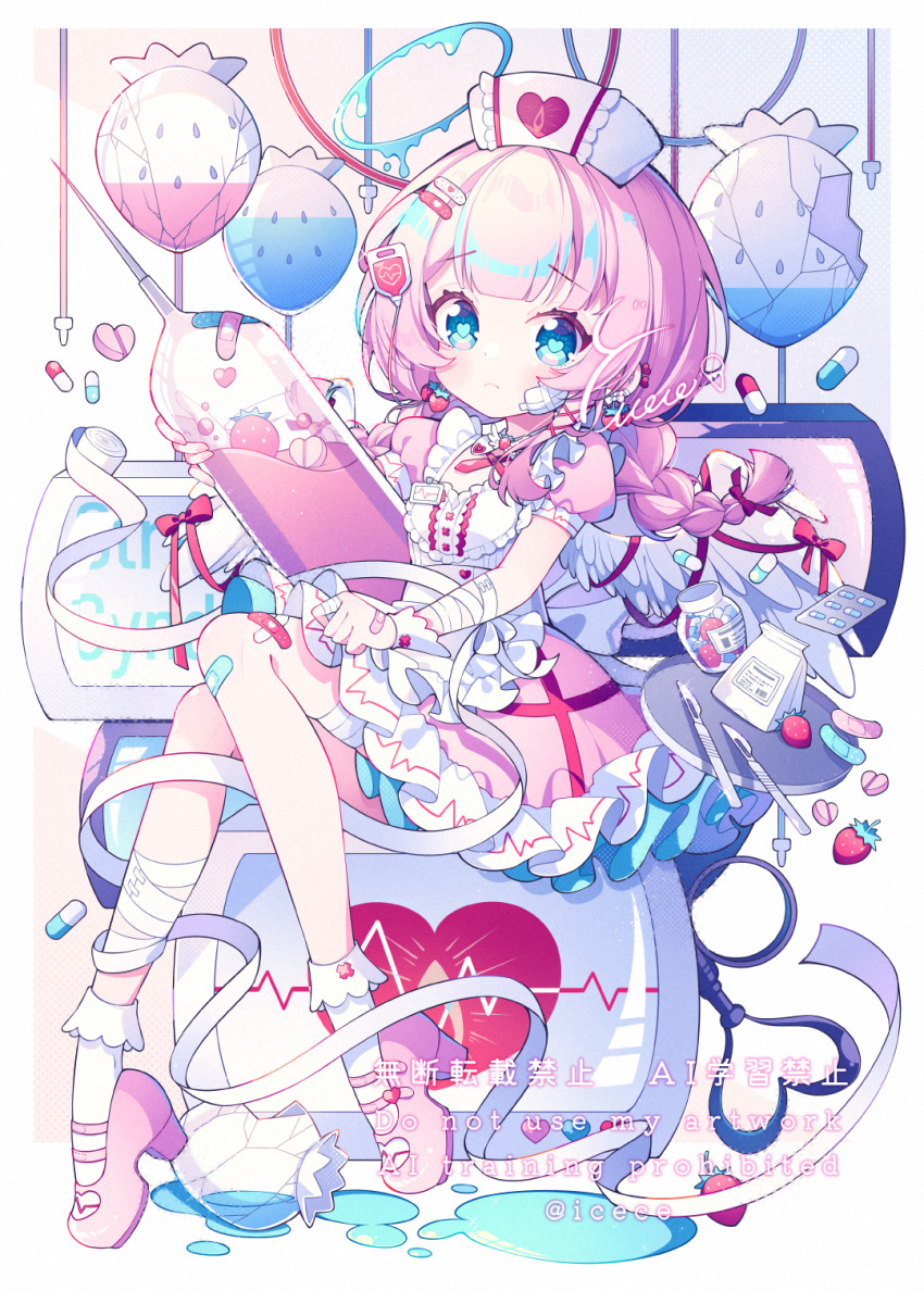 1girl apron bandaged_leg bandages bandaid bandaid_hair_ornament bandaid_on_cheek bandaid_on_face bandaid_on_knee bandaid_on_leg blue_eyes blush braid closed_mouth commentary dress frilled_apron frilled_dress frills full_body hair_ornament hat high_heels highres holding holding_syringe hyou_(pixiv3677917) long_hair looking_at_viewer nurse_cap original pill pink_dress pink_hair pink_shoes scalpel shoes short_sleeves signature sitting socks solo syringe twin_braids watermark white_apron white_hat white_socks