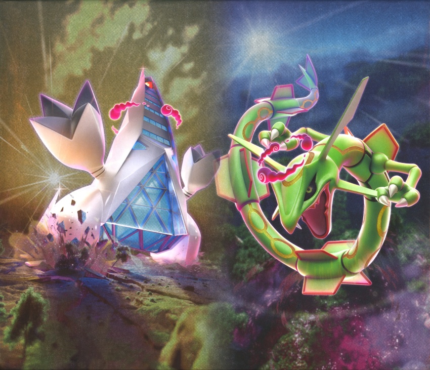 3d absurdres artist_name cloud dragon duraludon dynamax eastern_dragon fang fangs gen_3_pokemon gen_8_pokemon giant gigantamax gigantamax_duraludon highres legendary_pokemon nintendo no_humans official_art open_mouth pokemon pokemon_(creature) pokemon_tcg rayquaza scan skin_fang standing tongue