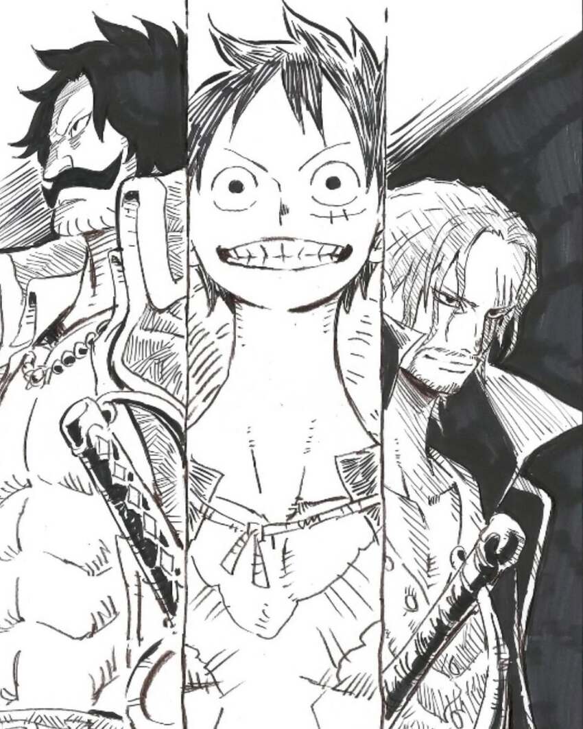 3boys abs beard_stubble collared_cape collared_coat facial_hair gol_d._roger greyscale hat highres looking_at_viewer male_focus monkey_d._luffy monochrome multiple_boys mustache official_art one_piece scar scar_across_eye scar_on_chest scar_on_face shanks_(one_piece) short_hair smile straw_hat stubble sword third-party_source umakoshi_yoshihiko upper_body weapon