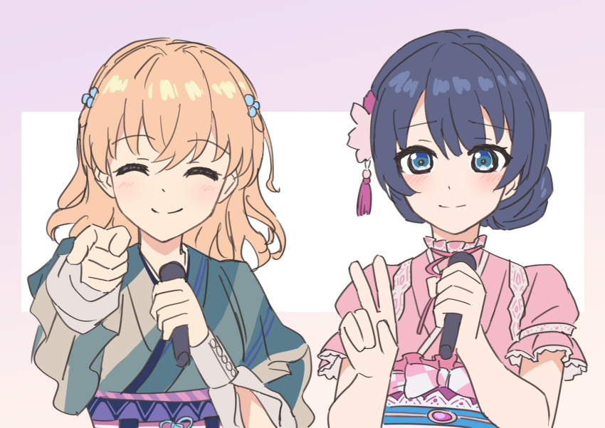 2girls blue_eyes blue_hair blush closed_mouth commentary_request cosplay costume_switch crossed_bangs frilled_kimono frills gradient_background green_kimono hair_bobbles hair_bun hair_ornament highres hinoshita_kaho holding holding_microphone japanese_clothes karaoke_hasu_no_sora kimono link!_like!_love_live! looking_at_viewer love_live! medium_hair microphone multiple_girls murano_sayaka nogreen orange_hair pink_kimono pointing pointing_at_viewer puffy_short_sleeves puffy_sleeves purple_background short_hair short_sleeves single_hair_bun smile split_mouth striped_clothes striped_kimono sugao_no_pixel take_it_over_(love_live!) upper_body v virtual_youtuber white_background yellow_background