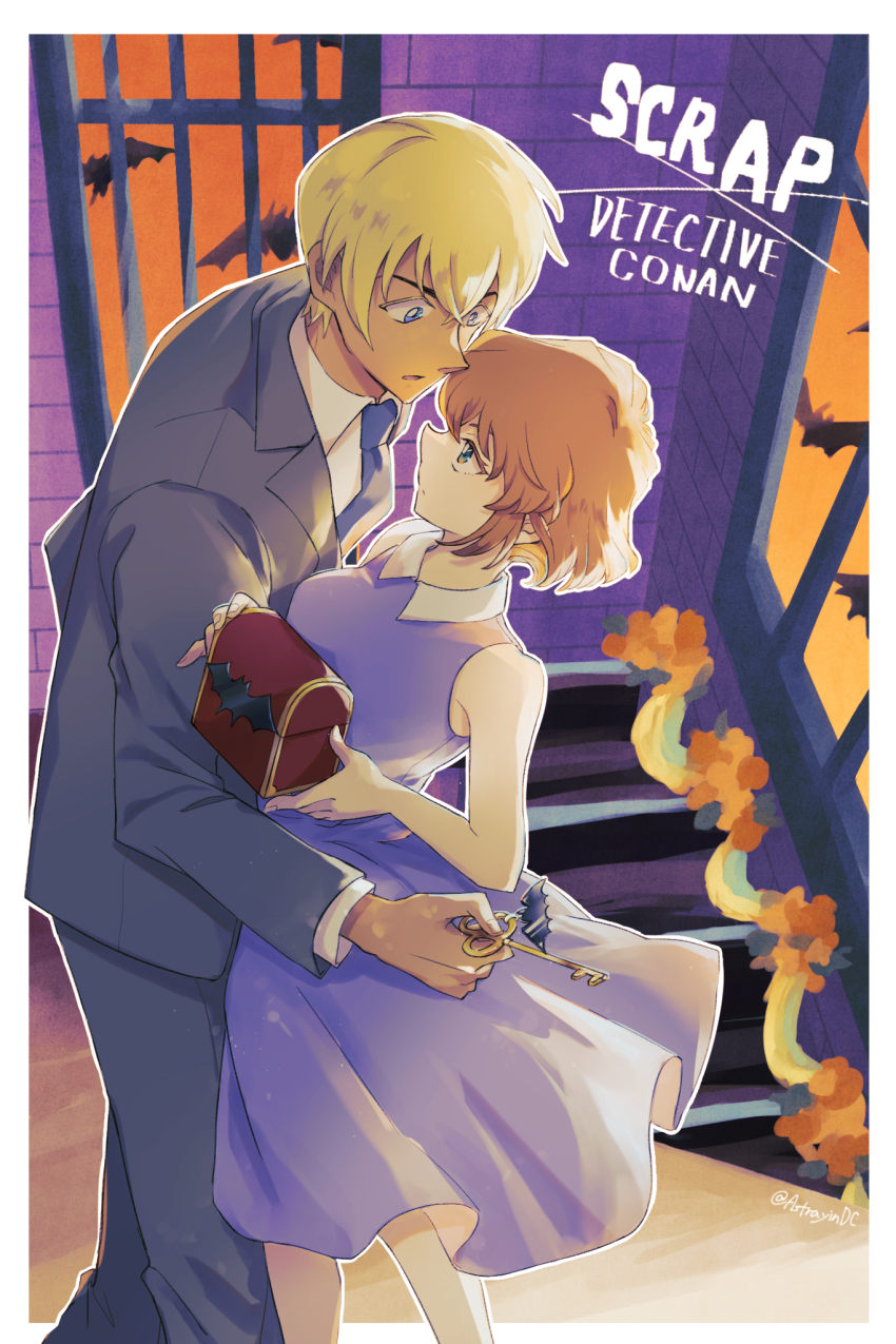 1boy 1girl amuro_tooru astrayin bare_arms bare_shoulders blonde_hair border breasts brown_hair collared_dress copyright_name dress grey_jacket grey_pants highres holding holding_key holding_to_chest indoors jacket key large_breasts looking_at_another meitantei_conan miyano_shiho pants pink_dress short_hair standing white_border