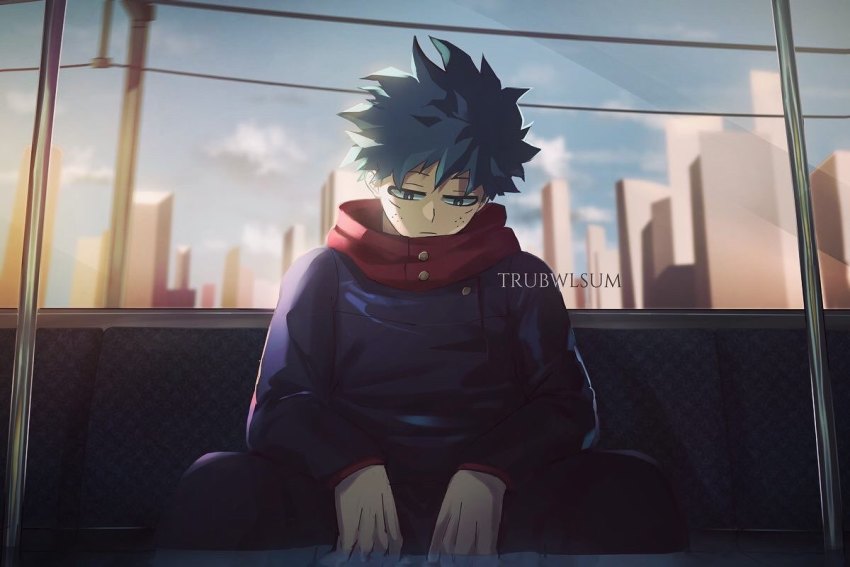 1boy artist_name black_hair black_jacket black_pants blue_eyes blurry blurry_background boku_no_hero_academia building closed_mouth commentary cosplay day derivative_work english_commentary green_hair itadori_yuuji itadori_yuuji_(cosplay) jacket jujutsu_kaisen long_sleeves male_focus midoriya_izuku outdoors pants red_scarf scarf screenshot_redraw short_hair sitting skyscraper solo spiked_hair train_interior trubwlsum upper_body