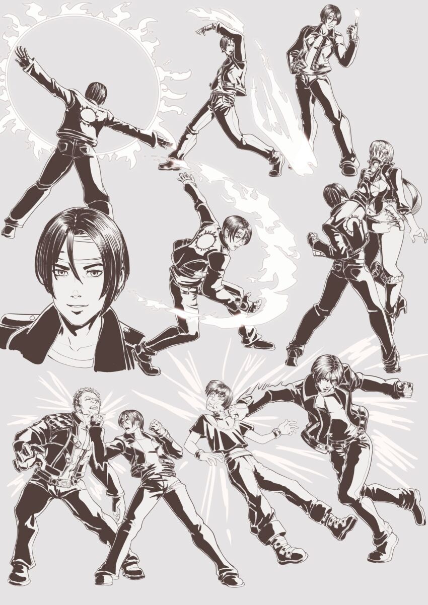 black_jacket brown_hair chris_(kof) fire headband highres jacket kusanagi_kyou nanakase_yashiro shermie_(kof) snk sun the_king_of_fighters the_king_of_fighters_xv white_headband