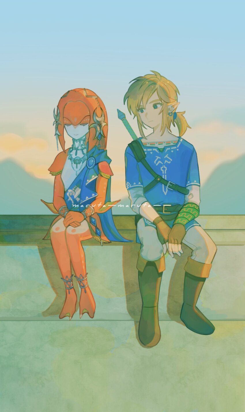 1boy 1girl anklet belt belt_buckle blonde_hair blue_cape blue_eyes blue_tunic blurry blurry_background boots bracelet brown_belt brown_footwear buckle cape champion&#039;s_tunic_(zelda) closed_eyes closed_mouth cloud colored_skin commentary_request earrings expressionless fins fish_girl fold-over_boots gradient_sky hair_between_eyes head_fins highres jewelry layered_sleeves link long_sleeves looking_at_another looking_to_the_side maruta_maruta medium_hair mipha multicolored_skin neck_ring necklace nintendo outdoors pants pointy_ears ponytail red_skin shirt short_over_long_sleeves short_sleeves sidelocks sitting sky smile sunset sword sword_on_back the_legend_of_zelda the_legend_of_zelda:_breath_of_the_wild tunic u_u weapon weapon_on_back webbed_feet white_pants white_shirt white_skin zora
