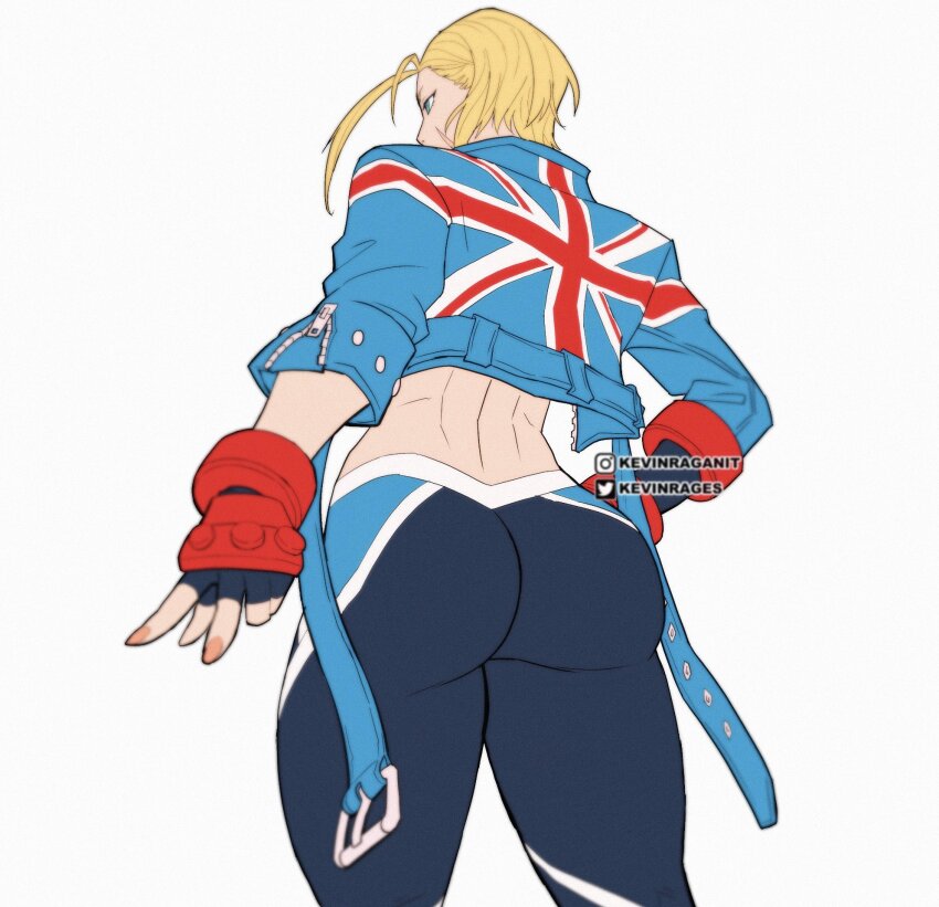 1girl ass blonde_hair blue_eyes cammy_white duplicate flag_print gloves highres jacket kevin_raganit nail_polish short_hair solo street_fighter street_fighter_6 twitter_logo united_kingdom_flag_print