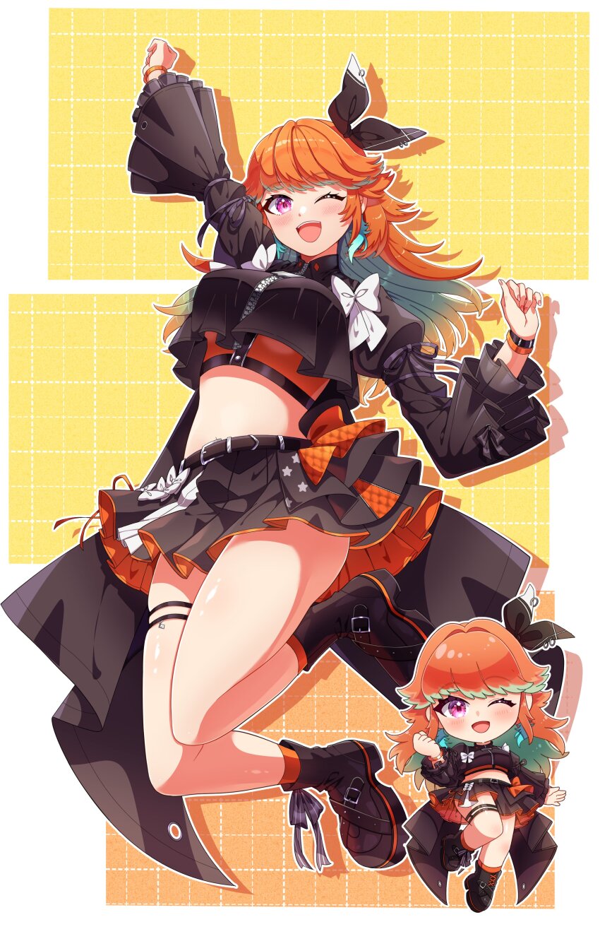 1girl absurdres alternate_costume chibi commission earrings feather_earrings feathers gradient_hair green_hair hair_ribbon highres hololive hololive_english idol idol_clothes jewelry layered_skirt looking_at_viewer midriff multicolored_hair one_eye_closed open_mouth orange_hair puffy_sleeves purple_eyes ribbon second-party_source simple_background skindentation skirt smile solo takanashi_kiara virtual_youtuber yoshino_(gunform)