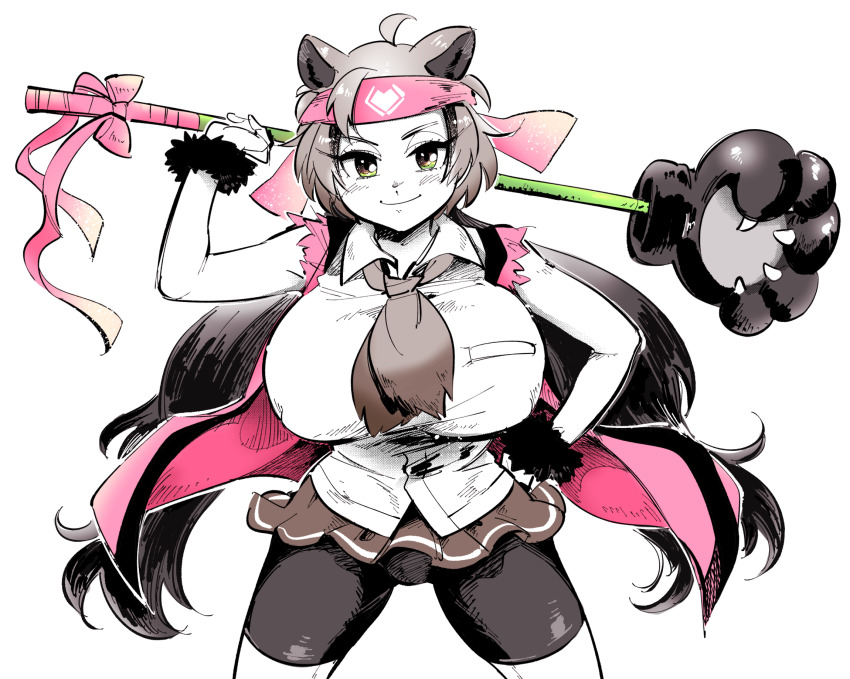 1girl animal_ears bear_ears bear_girl bike_shorts bike_shorts_under_skirt bracelet breasts brown_hair extra_ears ezo_brown_bear_(kemono_friends) fur_bracelet headband highres huge_breasts kemono_friends kemono_friends_3 long_hair looking_at_viewer multicolored_hair paw_stick smile solo torn_clothes torn_sleeves twintails very_long_hair yokuko_zaza