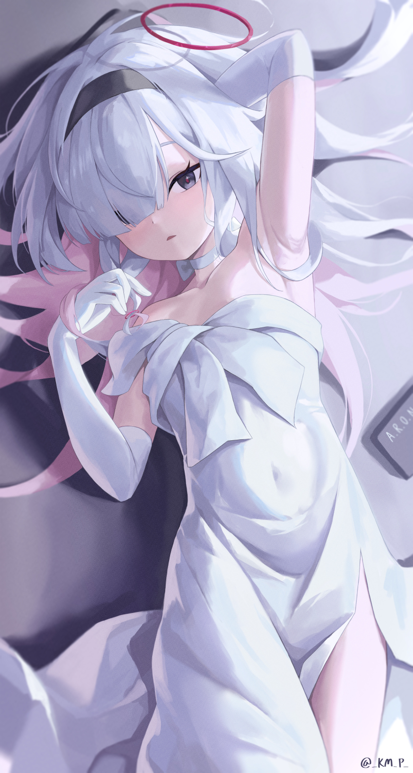 1girl absurdres armpits black_eyes blue_archive choker collarbone cosplay covered_navel dress elbow_gloves gloves hairband halo highres kmp_(kenma_pro) long_hair lying multicolored_hair on_back pink_hair plana_(blue_archive) red_halo saori_(blue_archive) saori_(blue_archive)_(cosplay) saori_(dress)_(blue_archive) side_slit signature solo strapless strapless_dress two-tone_hair white_choker white_dress white_gloves white_hair