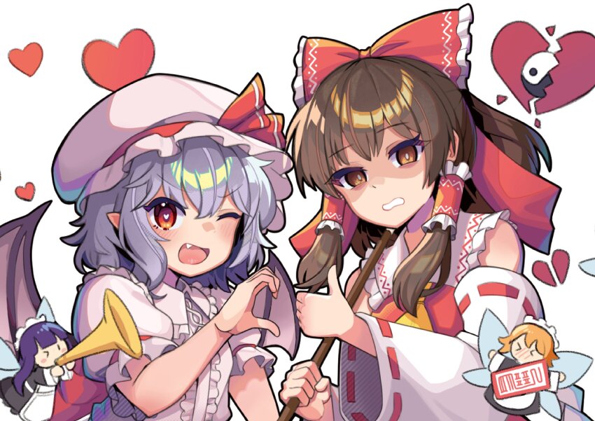 &gt;_&lt; 4girls a12_a_ini absurdres apron ascot bat_wings blush bow broken_heart brown_eyes brown_hair center_frills collared_shirt commentary_request detached_sleeves fairy_maid_(touhou) fairy_wings fang frilled_bow frilled_hair_tubes frilled_shirt_collar frills gohei hair_bow hair_tubes hakurei_reimu hat heart heart-shaped_pupils heart_hands_failure highres holding holding_gohei instrument korean_commentary long_hair looking_at_viewer maid maid_headdress mini_person minigirl mob_cap multiple_girls music one_eye_closed open_mouth orange_hair pink_hat pink_shirt playing_instrument pointy_ears puffy_short_sleeves puffy_sleeves purple_hair red_bow red_eyes remilia_scarlet ribbon-trimmed_sleeves ribbon_trim shaded_face shirt short_sleeves smile symbol-shaped_pupils thumbs_up touhou trumpet white_apron wings yellow_ascot yin_yang