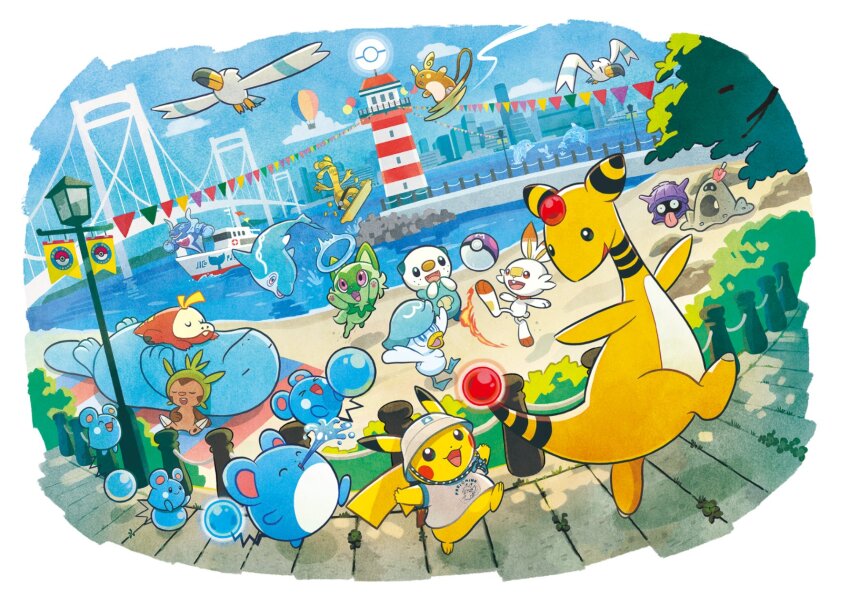 :d aircraft alolan_form alolan_raichu ampharos azurill bush chespin clothed_pokemon cloud commentary_request day fence finizen fuecoco gen_1_pokemon gen_2_pokemon gen_3_pokemon gen_5_pokemon gen_6_pokemon gen_7_pokemon gen_8_pokemon gholdengo highres hot_air_balloon lighthouse looking_back marill nintendo no_humans official_art open_mouth oshawott outdoors palafin palafin_(hero) pier pikachu pokemon pokemon_(creature) quagsire quaxly sand sandygast scorbunny shellder shore sky smile sprigatito walking water wingull