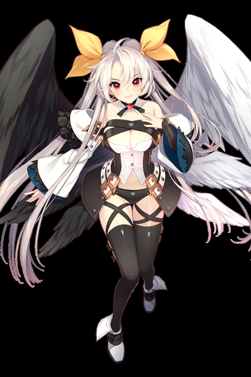 1girl angel_wings asymmetrical_wings bare_shoulders black_panties black_thighhighs black_vs_white black_wings breasts choker cleavage cosplay crossover dizzy_(guilty_gear) dizzy_(guilty_gear)_(cosplay) guilty_gear guilty_gear_xrd hair_ornament highres large_breasts long_hair looking_at_viewer metatron_(soccer_spirits) mismatched_wings multiple_wings official_art panties red_eyes resized shirahane_nao soccer_spirits stomach tail thighhighs trait_connection transparent_background twintails underwear upscaled white_hair white_wings wings