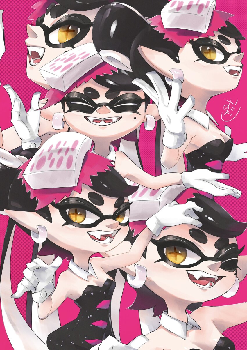 +_+ 1girl bare_arms bare_shoulders black_hair black_jumpsuit breasts callie_(splatoon) callie_(squid_sisters_outfit)_(splatoon) cleavage closed_eyes earrings gloves highres hoop_earrings inkling jewelry jumpsuit nintendo okome_2g2g one_eye_closed pointy_ears short_jumpsuit small_breasts splatoon_(series) strapless_jumpsuit swept_bangs tentacle_hair twintails white_gloves yellow_eyes