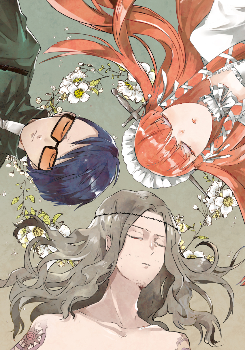 1girl 2boys absurdres arm_tattoo beard_stubble black_headband blue_hair closed_eyes closed_mouth facial_hair flower frilled_hairband frills from_above green_jacket grey_background grey_hair hair_ribbon hair_spread_out hairband headband highres jacket long_hair lying multiple_boys object_through_head on_back open_mouth orange-tinted_eyewear parted_lips persona persona_3 red_hair ribbon sakaki_takaya shirato_jin short_hair sidelocks simple_background stubble sunglasses sunorsa sword_in_head tattoo tinted_eyewear tress_ribbon upper_body white_flower white_ribbon yoshino_chidori