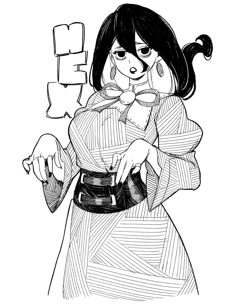 1girl :o absurdres breasts character_name dress hex_maniac_(pokemon) hex_maniac_(pokemon_legends:_z-a) highres large_breasts looking_at_viewer monochrome nintendo penguinwhodraw pokemon pokemon_legends:_z-a solo white_background