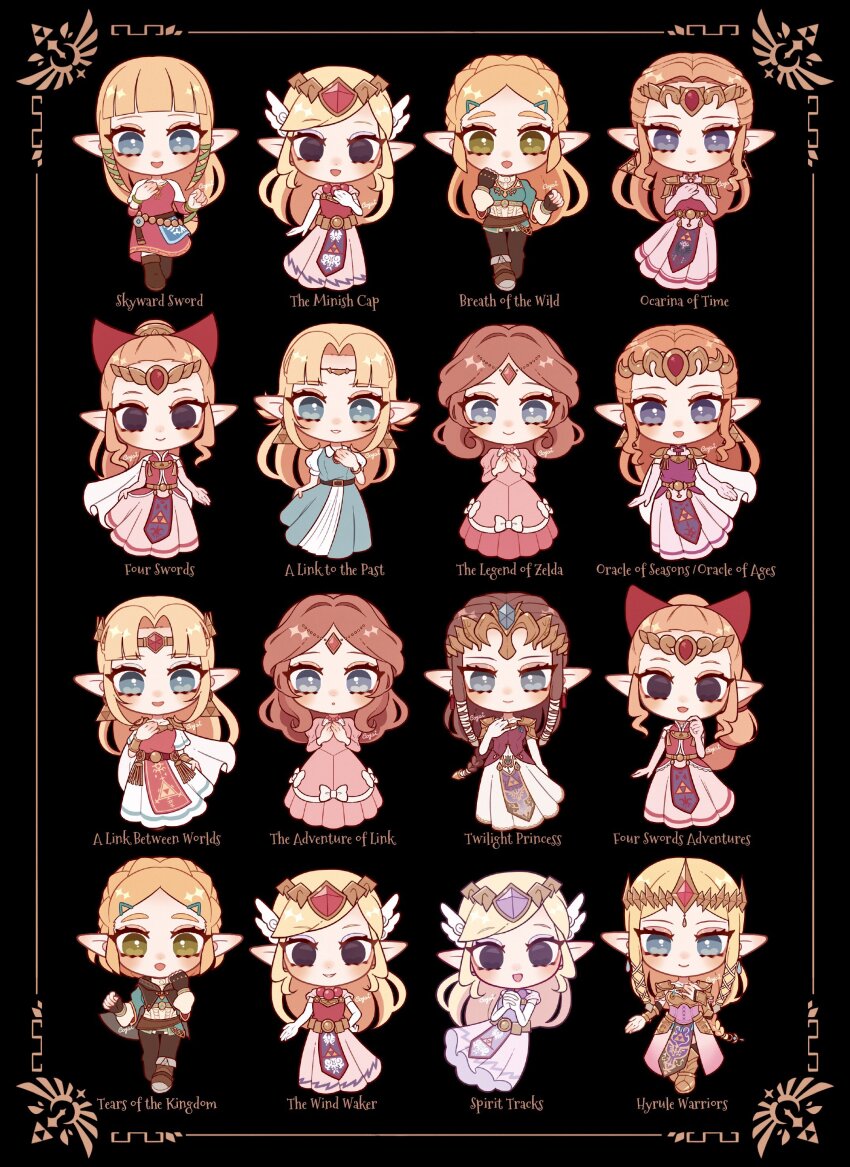 6+girls absurdres black_background black_eyes blonde_hair blue_eyes blunt_bangs border bow brown_hair chibi co_09vrg crown dress green_eyes hair_bow highres multiple_girls nintendo parted_bangs pink_dress pointy_ears princess_zelda smile the_legend_of_zelda the_legend_of_zelda:_a_link_between_worlds the_legend_of_zelda:_a_link_to_the_past the_legend_of_zelda:_breath_of_the_wild the_legend_of_zelda:_four_swords the_legend_of_zelda:_four_swords_adventures the_legend_of_zelda:_ocarina_of_time the_legend_of_zelda:_oracle_of_ages the_legend_of_zelda:_oracle_of_seasons the_legend_of_zelda:_skyward_sword the_legend_of_zelda:_spirit_tracks the_legend_of_zelda:_tears_of_the_kingdom the_legend_of_zelda:_the_minish_cap the_legend_of_zelda:_the_wind_waker the_legend_of_zelda:_twilight_princess the_legend_of_zelda_(nes) tiara toon_zelda zelda_ii:_the_adventure_of_link