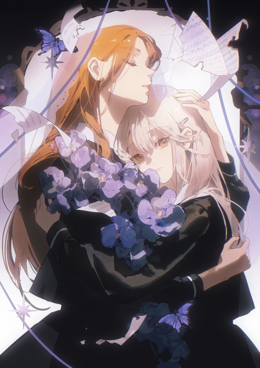 2girls absurdres bang_dream! bang_dream!_it&#039;s_mygo!!!!! black_jacket black_skirt blazer blonde_hair bouquet broken_mirror bug butterfly chinese_commentary closed_eyes collared_shirt commentary_request commission cowboy_shot expressionless eyelashes flower gradient_background hair_ornament hairclip hand_on_own_head heads_together highres holding holding_bouquet hug insect jacket lips long_hair long_sleeves looking_at_viewer mirror multiple_girls nagasaki_soyo orange_hair parted_lips pink_lips purple_background purple_butterfly purple_flower second-party_source see-through_clothes see-through_veil sheet_music shirt sidelocks skirt standing torn_paper veil very_long_hair wakaba_mutsumi white_shirt white_veil youlizi-yuri