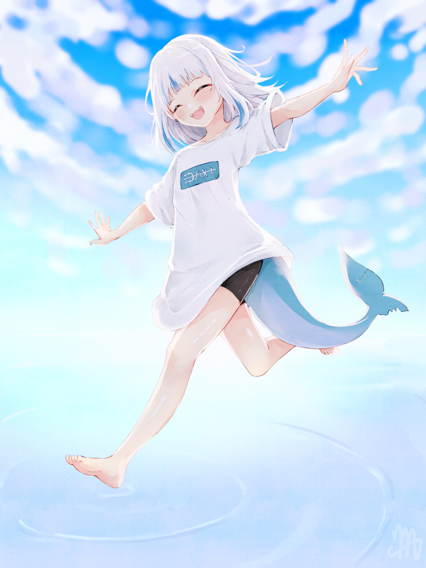 1girl absurdres alternate_costume barefoot black_shorts blue_hair blue_sky blush closed_eyes cloud feet fins fish_tail gawr_gura highres hololive hololive_english ma_draws multicolored_hair open_mouth shark_girl shark_tail sharp_teeth shirt shorts sky smile solo streaked_hair tail teeth upper_teeth_only virtual_youtuber white_hair white_shirt