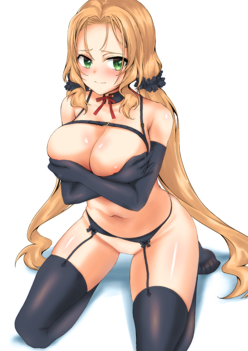 1girl blonde_hair blush breasts covering_nipples covering_privates garter_belt green_eyes hair_ornament hair_ribbon hakase_yurisuki highres inubouzaki_fuu large_breasts lingerie long_hair looking_at_viewer low_twintails navel ribbon scowl solo thighhighs twintails underwear very_long_hair yuuki_yuuna_wa_yuusha_de_aru yuusha_de_aru
