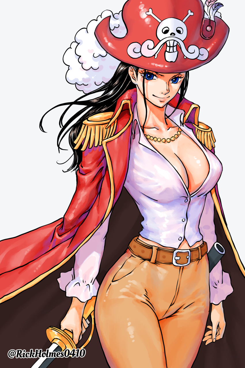 1girl absurdres belt black_hair blue_eyes breasts brown_belt brown_pants center_opening cleavage coat commentary cosplay cowboy_shot english_commentary epaulettes gol_d._roger gol_d._roger_(cosplay) hat highres holding holding_sword holding_weapon jewelry large_breasts long_hair long_sleeves looking_at_viewer necklace nico_robin one_piece pants pearl_necklace pirate_costume pirate_hat red_coat red_hat rickholmes0410 shirt simple_background skull_and_crossbones skull_print smile solo sword twitter_username weapon white_background white_shirt