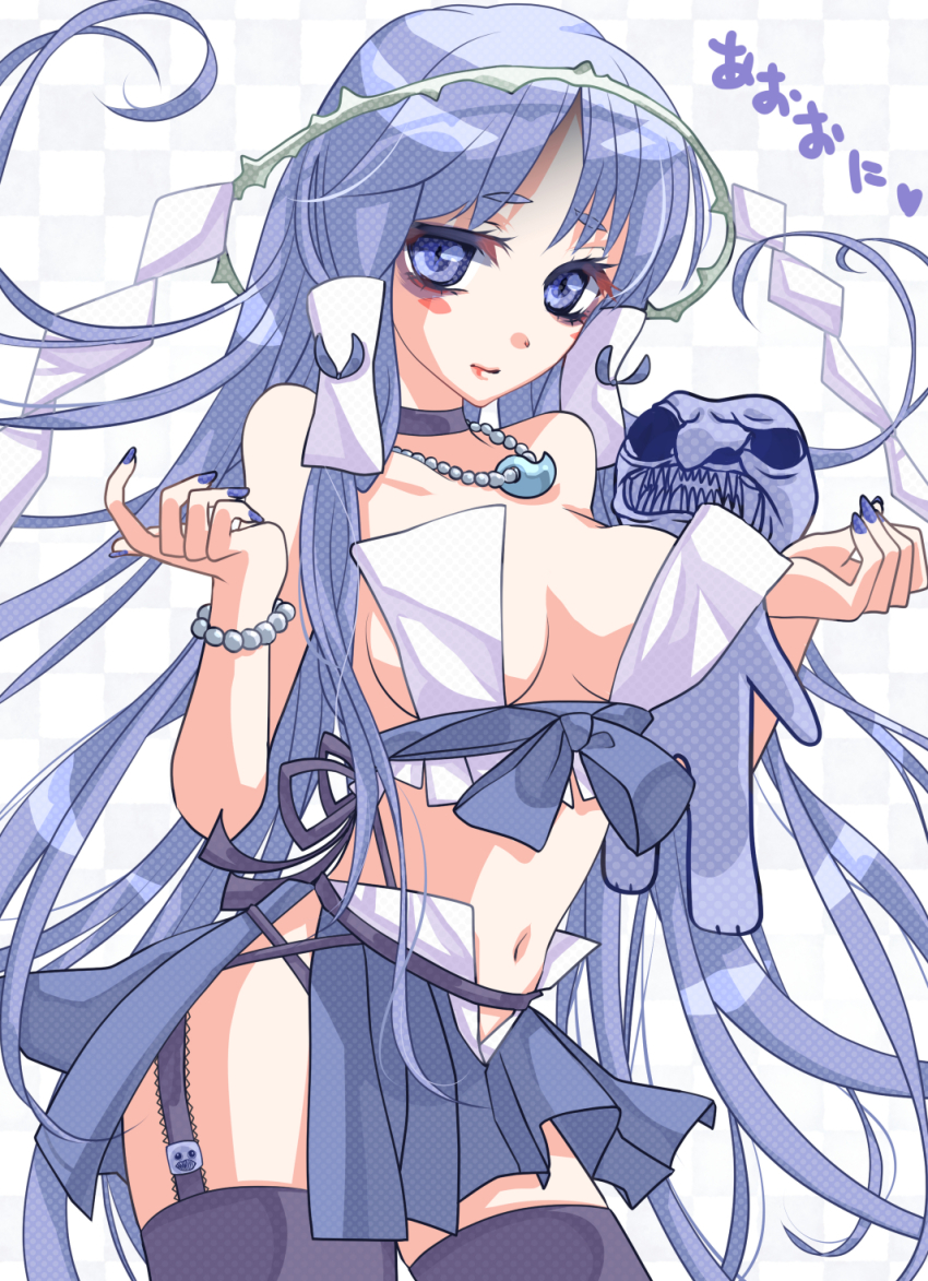 1girl ao_oni artist_request blockman_oni_(ao_oni) blue_eyes blue_hair blush blush_stickers bracelet breasts cameo checkered_background fangs female_focus genderswap genderswap_(mtf) hair_ornament hair_tubes highres jewelry long_hair looking_at_viewer magatama matching_hair/eyes midriff nail_polish navel necklace pearl_bracelet pearl_necklace personification sidelocks solo stuffed_toy the_oni_(ao_oni) very_long_hair