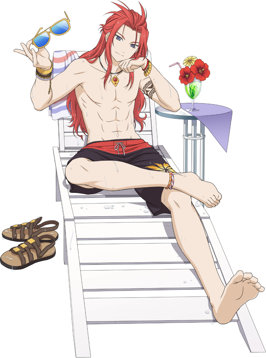 1boy abs anklet black_male_swimwear black_swim_trunks blue_eyes bracelet commentary drawstring drinking_straw english_commentary unworn_eyewear highres holding holding_removed_eyewear jewelry legs long_hair male_focus male_swimwear necklace official_art print_male_swimwear print_swim_trunks sandals smile soles sunlight swimsuit tales_of_(series) tales_of_asteria tales_of_symphonia toenails toes topless_male transparent_background wet zelos_wilder