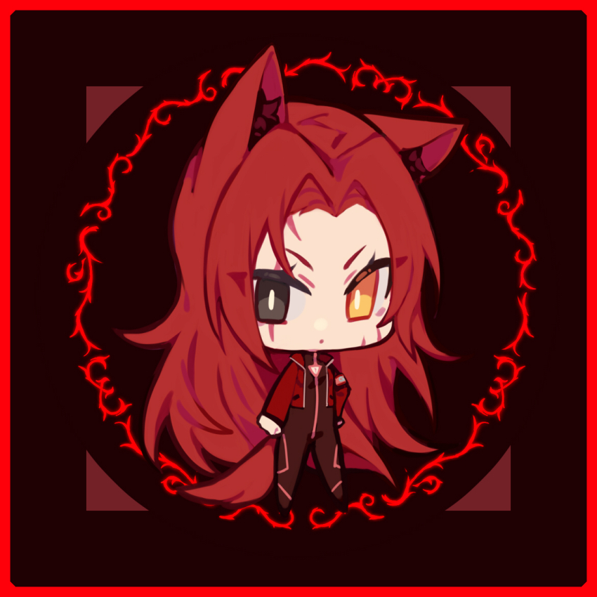 1girl animal_ears armband black_eyes bodysuit cat_ears cat_girl cat_tail chibi chinese_commentary cleavage_cutout closed_mouth clothing_cutout commentary_request cropped_jacket dot_mouth er_hea facial_scar gebura_(project_moon) hand_on_own_hip heterochromia jacket kemonomimi_mode lobotomy_corporation long_hair long_sleeves open_clothes open_jacket parted_bangs project_moon red_armband red_bodysuit red_hair red_jacket scar scar_across_eye scar_on_cheek scar_on_face solo tail v-shaped_eyebrows yellow_eyes
