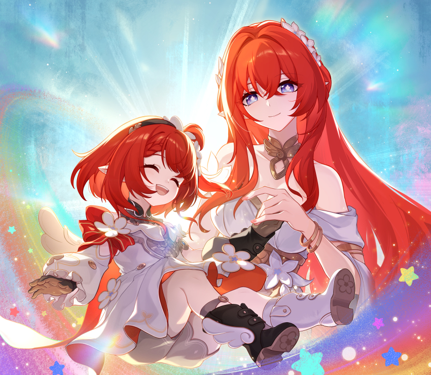 2girls absurdres ancient_greek_clothes angel_wings asymmetrical_legwear bare_shoulders black_boots black_hairband blue_eyes boots breasts chinese_commentary commentary_request cross-shaped_pupils dress greco-roman_clothes hairband head_wreath highres honkai:_star_rail honkai_(series) large_breasts long_hair mismatched_legwear multiple_girls pointy_ears rainbow red_nails short_hair smile star_(symbol) symbol-shaped_pupils tribbie_(honkai:_star_rail) tribios_(honkai:_star_rail) via_shinan white_boots white_dress wings