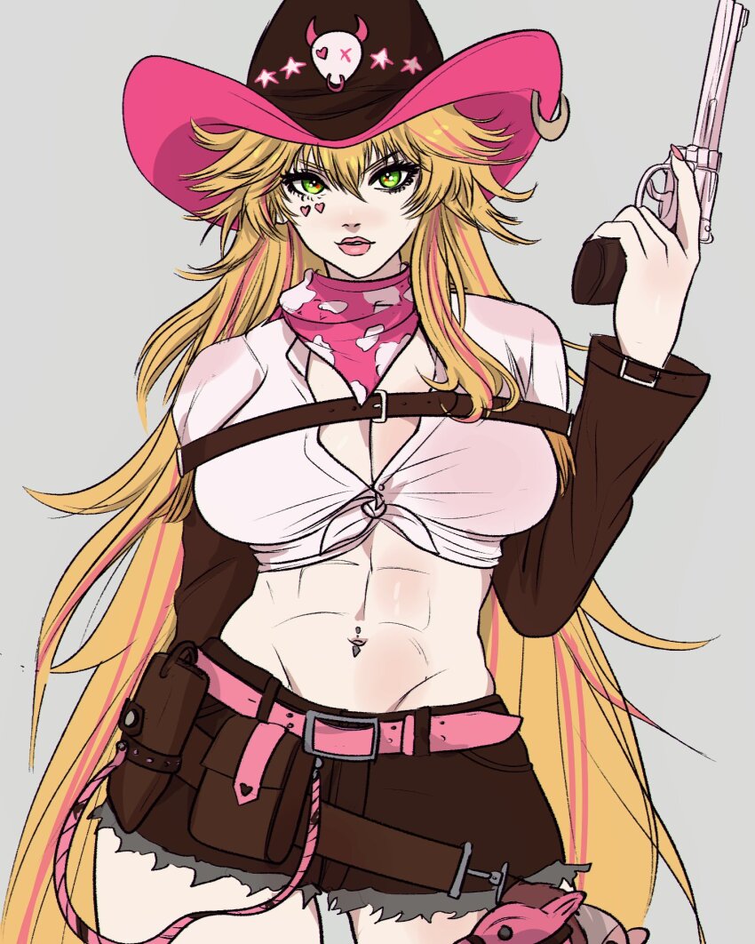 1girl abs animal_print bandana belt blonde_hair breasts brown_shorts brown_sleeves commentary commission cow_print cowboy_hat cowgirl_(western) detached_sleeves facial_mark front-tie_top green_eyes grey_background gun hair_between_eyes hat heart heart_facial_mark highres holding holding_gun holding_weapon large_breasts long_hair looking_at_viewer lulu_lasso midriff multicolored_hair navel_piercing nexas_(vtuber) piercing pink_bandana pink_belt pink_hair second-party_source shirt shorts solo streaked_hair torn_clothes torn_shorts very_long_hair virtual_youtuber weapon white_shirt yoracrab