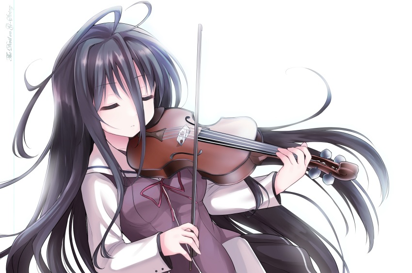 1girl black_hair bow_(music) closed_eyes closed_mouth copyright_name english_text g-senjou_no_maou hair_between_eyes highres instrument long_hair long_sleeves music playing_instrument simple_background solo standing takepoison usami_haru very_long_hair violin white_background