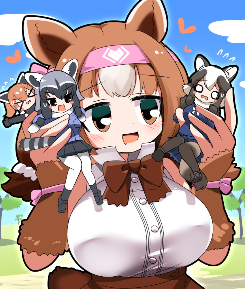 4girls animal_ears bear_ears bear_girl black_gloves black_hair black_skirt blue_shirt blue_skirt blue_sky blush blush_stickers bow bowtie breasts brown_bow brown_bowtie brown_eyes brown_hair buttons cloud common_raccoon_(kemono_friends) full_body gloves grey_eyes grey_pantyhose headband highres kemono_friends kodiak_bear_(kemono_friends) large_breasts lets0020 medium_hair mini_person minigirl multiple_girls open_mouth pantyhose pink_headband raccoon_ears raccoon_girl raccoon_tail red_panda_(kemono_friends) red_panda_ears red_panda_girl shirt skirt sky smile tail tanuki_(kemono_friends) upper_body white_hair white_pantyhose