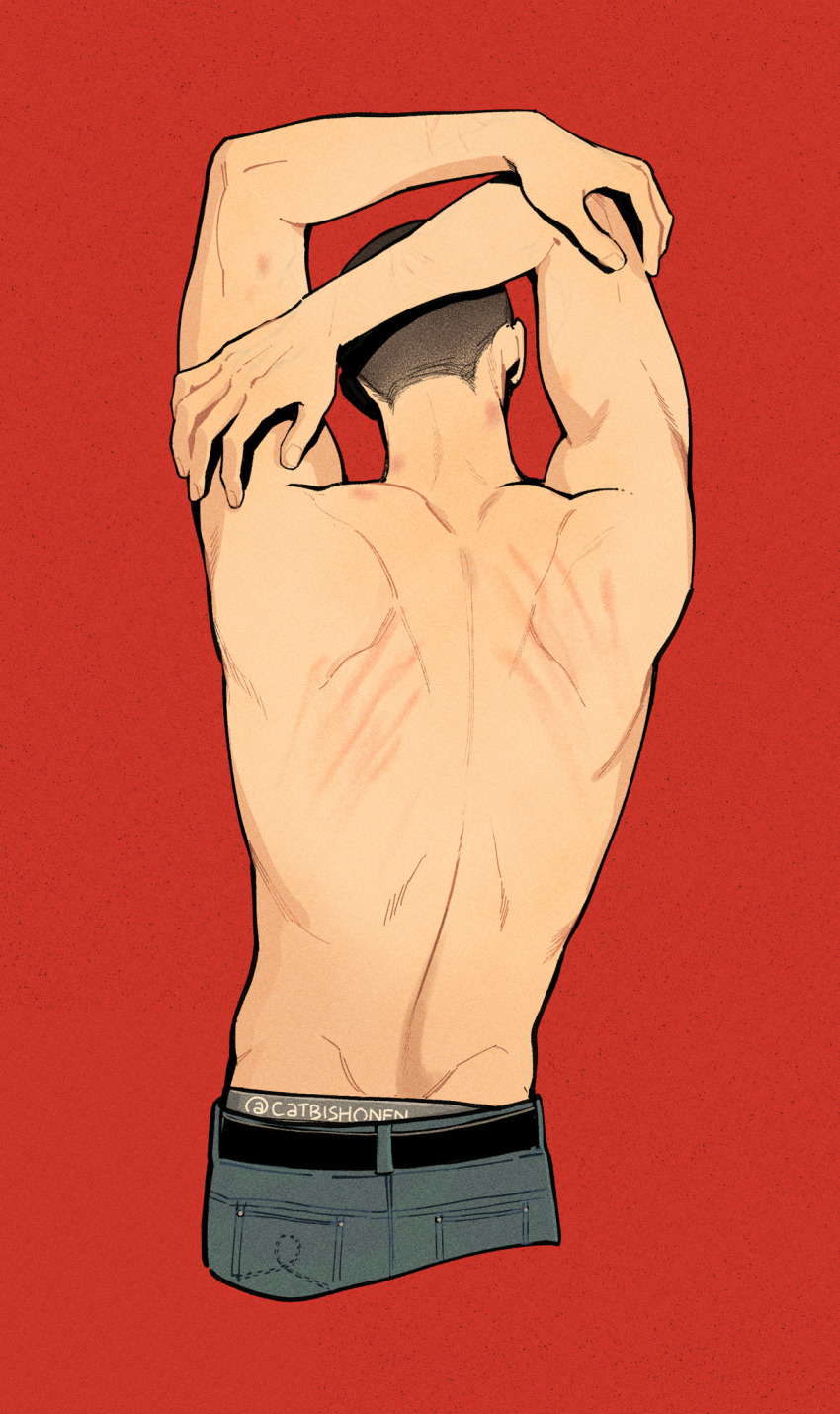 1boy arms_up back black_hair buzz_cut catbishonen cropped_legs denim hickey highres jeans male_focus male_underwear male_underwear_peek pants ronan_lynch scratches scratching_back short_hair simple_background solo the_raven_cycle topless_male underwear very_short_hair