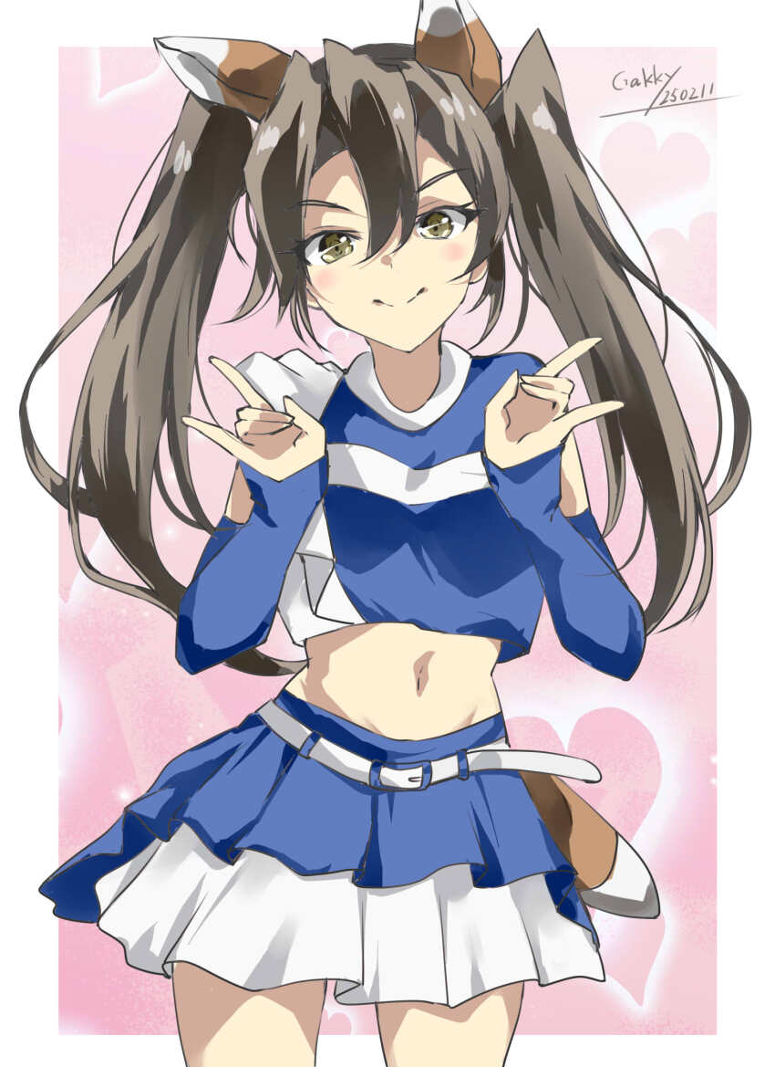 1girl animal_ears belt blue_shirt blue_skirt bridal_gauntlets brown_eyes cheerleader crop_top double_fox_shadow_puppet fake_tail fox_ears fox_shadow_puppet fox_tail gakky grey_background highres hokkaido_nippon-ham_fighters kantai_collection kitsune_dance layered_skirt navel nippon_professional_baseball official_alternate_costume pleated_skirt shirt skirt sleeveless sleeveless_shirt solo tail white_belt zuikaku_(cheerleader)_(kancolle) zuikaku_(kancolle)