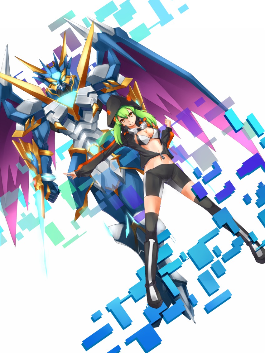 1girl armor bike_shorts bikini bikini_top_only black_jacket blue_armor boots breasts digimon dragon_wings duke778 energy_sword female_focus full_armor goggles goggles_around_neck green_hair highres jacket monster orange_eyes royal_knights shinomiya_rina short_hair smile swimsuit sword ulforcev-dramon ulforcev-dramon_x-antibody unzipped weapon wings