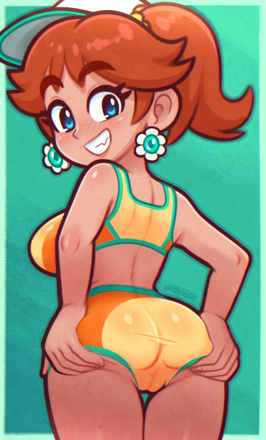 1girl bikini blue_eyes breasts brown_hair cameltoe commentary crop_top dark-skinned_female dark_skin earrings english_commentary flower_earrings grabbing_own_ass hat highres jewelry large_breasts long_hair looking_at_viewer looking_back mario_(series) mario_kart mario_kart_world nintendo orange_shirt orange_shorts ponytail princess_daisy princess_daisy_(swimwear)_(mario_kart_world) shirt shorts smile solo standing swimsuit tan teeth tsuvida visor_cap white_hat
