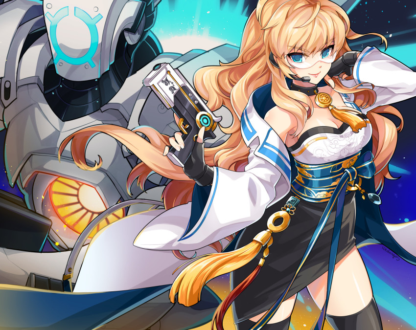 1girl 1other black_gloves black_skirt black_thighhighs blonde_hair blue_eyes breasts choker cleavage closed_mouth coat dress elsword fingerless_gloves gloves goggles gun handgun highres holding holding_gun holding_weapon icedango_(dpopic3) lab_coat large_breasts long_hair looking_at_viewer microphone miniskirt optimus_(elsword) pencil_skirt robot rose_(elsword) skirt smile strapless strapless_dress thighhighs wavy_hair weapon white_coat zettai_ryouiki