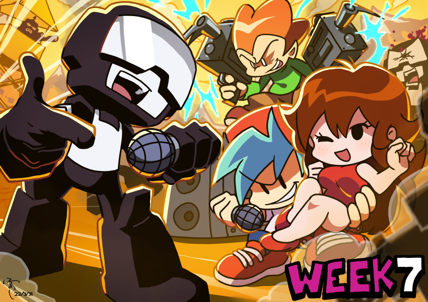 1girl 5boys absurdres black_bodysuit black_eyes black_gloves blood blue_hair bodysuit boyfriend_(friday_night_funkin&#039;) brown_hair carrying carrying_person clone combat_helmet commentary_request covered_eyes dated dress dual_wielding english_text faceless faceless_male faco finger_gun friday_night_funkin&#039; girlfriend_(friday_night_funkin&#039;) glasses gloves goggles green_shirt grin gun gunshot_wound hand_up hat headshot helmet high_heels highres holding holding_microphone john_captain long_hair mac-10/11 microphone monochrome_background mountainous_horizon multiple_boys newgrounds one_eye_closed opaque_glasses open_mouth orange_hair outdoors pickelhaube pico_(newgrounds) pico_(newgrounds_series) rapping red_dress red_footwear red_headwear scowl shirt shoes signature sleeveless sleeveless_dress smear_frame smile sneakers sniper solid_oval_eyes stereo submachine_gun tankman_(newgrounds) tankmen tim_(tankmen) unibrow v-shaped_eyebrows vest watchtower weapon white_eyes white_shirt white_vest yellow_background