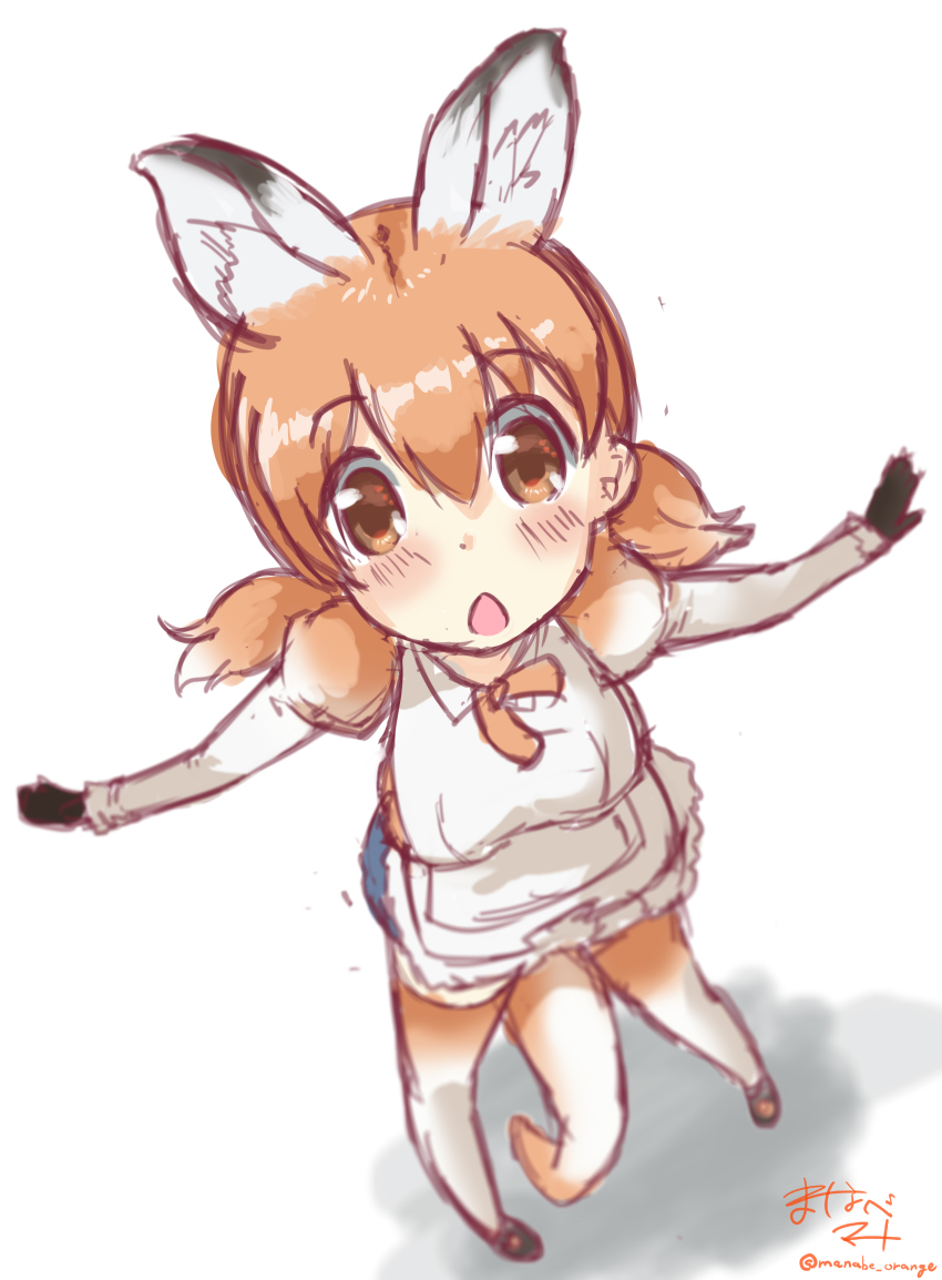 10s 1girl absurdres apron blush denim denim_shorts female_focus from_above gloves highres juliet_sleeves kangaroo_ears kangaroo_tail kemono_friends long_sleeves looking_at_viewer manabe_mana multicolored_hair neck_ribbon open_mouth orange_hair outstretched_arms puffy_sleeves red_kangaroo_(kemono_friends) ribbon short_hair short_shorts shorts signature solo thighhighs twintails twitter_username white_hair