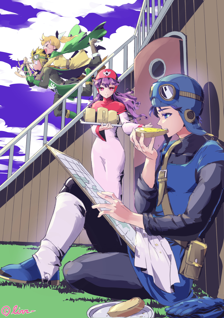 &gt;_&lt; 2boys 2girls absurdres artist_name aviator_cap belt black_bodysuit black_hair black_pants blonde_hair blue_eyes blue_gloves blue_hat blue_shoes blue_sky blue_tunic bodysuit boots bow bread bread_slice brown_belt brown_boots cape cloud commentary_request cousins cup curly_hair door dragon_quest dragon_quest_ii eating floating_clothes floating_hair food gloves goggles goggles_on_headwear grass green_cape green_gloves green_tabard hair_bow hat high_heel_boots high_heels highres holding holding_food holding_map holding_telescope holding_tray hug leg_up legs_up map multiple_boys multiple_girls napkin on_grass open_mouth orange_cape pants pink_eyes pink_hood pink_trim plate ponytail prince_of_lorasia prince_of_samantoria princess_of_moonbrook princess_of_samantoria profile purple_hair railing robe roto&#039;s_emblem shey93735903 shoes short_hair sitting sky smile tabard tackle telescope tray tunic unworn_gloves white_bow white_robe wide-eyed yellow_tunic