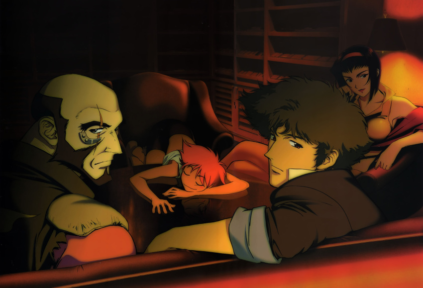 2boys 2girls absurdres beard blush_stickers breasts child cowboy_bebop dark edward_wong_hau_pepelu_tivrusky_iv facial_hair faye_valentine highres jet_black kawamoto_toshihiro multiple_boys multiple_girls official_art scan sitting sleeping smile spike_spiegel