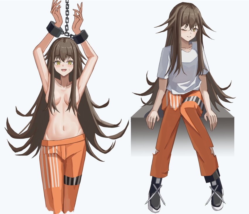 1girl absurdres arknights brown_hair convenient_censoring cuffs highres kafka_(arknights) kuroieo long_hair navel pants tagme