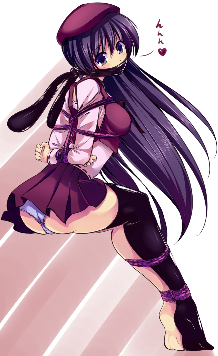 00s 1girl arms_behind_back ass bdsm beret black_thighhighs blush bondage bound bound_legs breast_bondage breasts clothes_gag colorized female_focus fingernails gag gagged hat heart highres improvised_gag invisible_chair long_fingernails maullarmaullar panties pantyshot purple_eyes purple_hair rope shibari shibari_over_clothes shihou_matsuri single_thighhigh sitting skirt sola soles solo spoken_heart thighhighs underwear upskirt