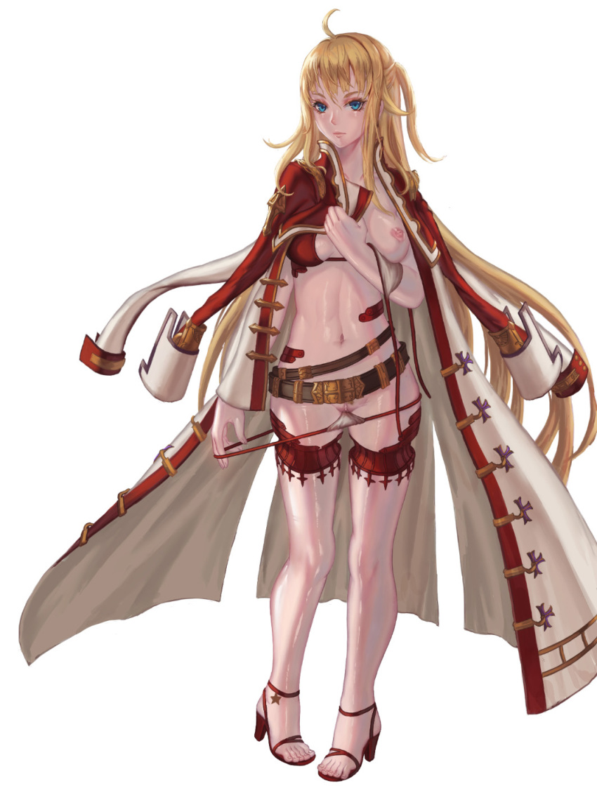 1girl belt bikini bikini_pull blonde_hair blue_eyes breasts clothes_pull coat edenfox female_focus frilled_thigh_strap full_body high_heels highres long_hair looking_at_viewer medium_breasts navel nipples open_clothes open_coat original red_bikini solo standing swimsuit thigh_strap untied_bikini white_background